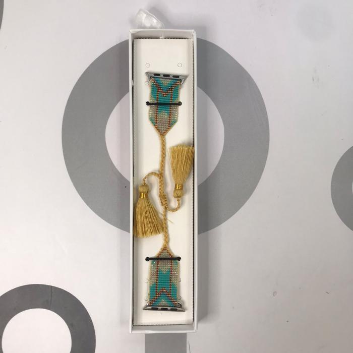 HANDMADE IWATCH BAND 38/40/41 GEOMETRICO AQUA/CAFE POMPONES DORADOS