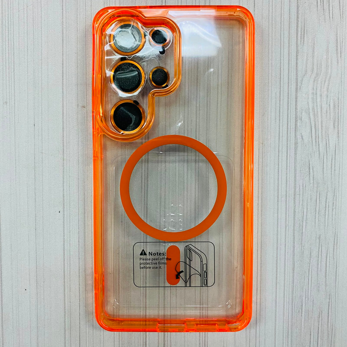 SAMSUNG GALAXY S25 ULTRA - CLEAR CASE ORANGE CON VIDRIOS DE CAMARA