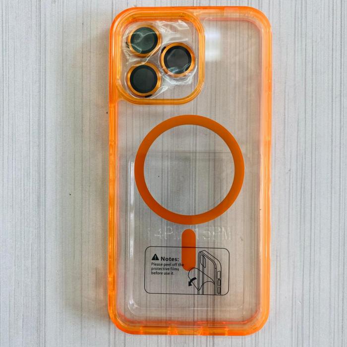 IPHONE 14 PRO MAX - CASE CON VIDRIOS DE CÁMARA CLEAR/ORANGE