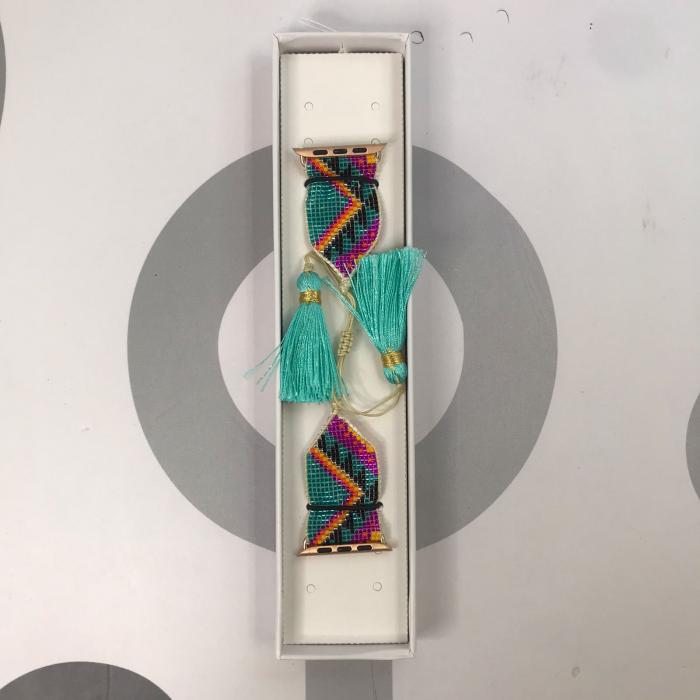 HANDMADE IWATCH BAND 42/44/45 GEOMETRICO AZUL/ROSADO/NEGRO POMPONES AZUL
