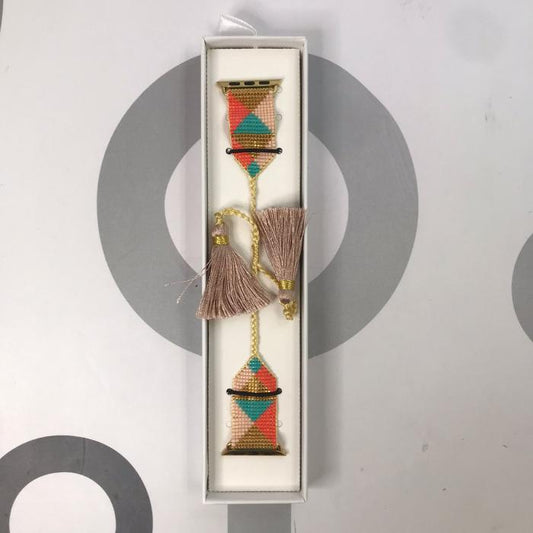 HANDMADE IWATCH BAND 38/40/41 GEOMETRICO ROSADO/AZUL/DORADO POMPONES ROSE GOLD
