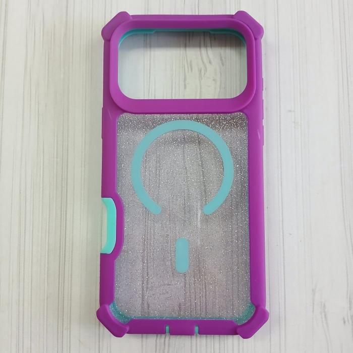 IPHONE 17 PRO MAX - CASE GLITTER DOBLE ENSAMBLE MORADO/AQUA