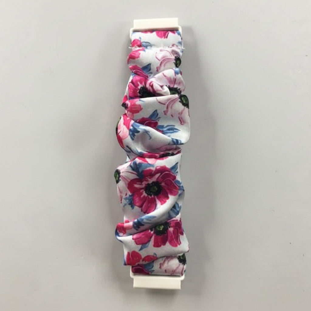SCRUNCHIE BAND S 22 MM BLANCO CON FLORES AZUL Y ROSADO