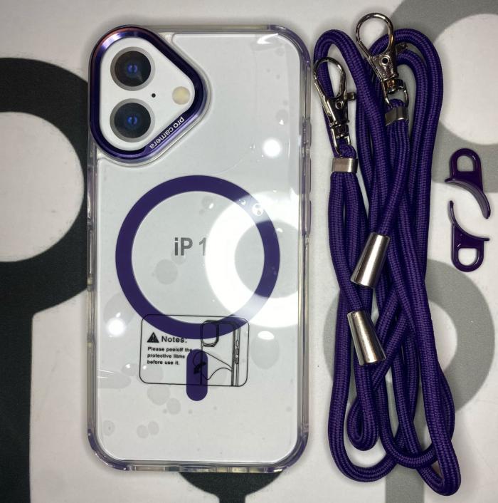 IPHONE 16 - CLEAR MAGSAFE CON CROSSBODY MORADO